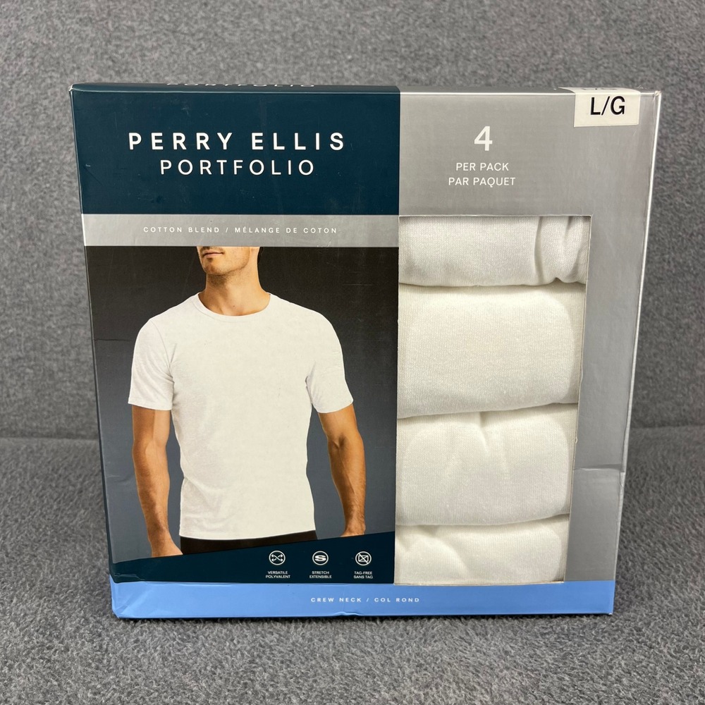 Perry Ellis Portfolio Undershirt Mens L White 4pk Crew Neck Cotton Blend UMPE376